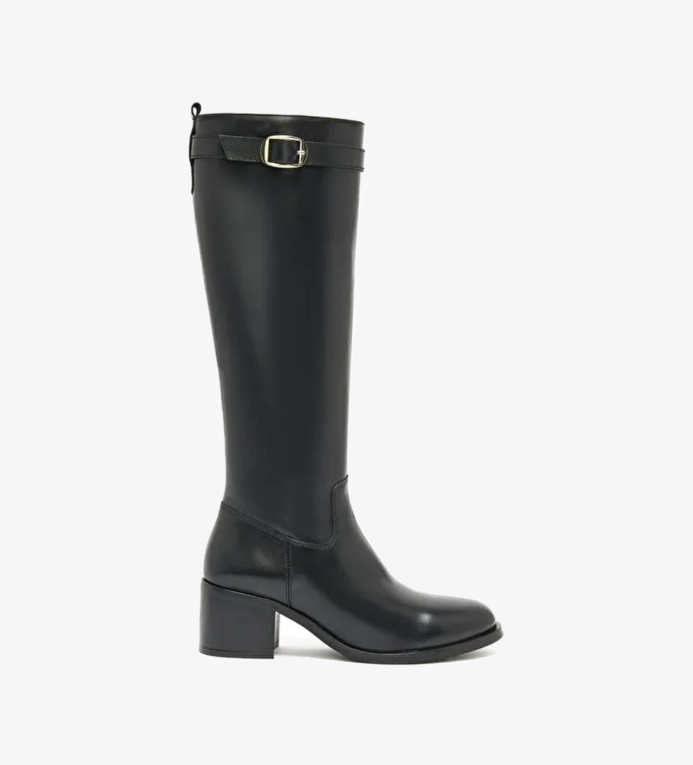 Kadın Siyah Fermuarlı Kalın Topuklu Deri Çizme 25WFD282018 - Görsel 1