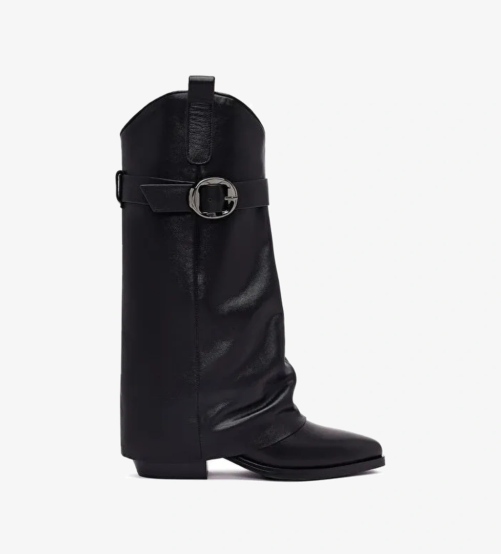 Kadın Siyah Tokalı Kalın Topuklu Deri Çizme 25AFD490618 - Görsel 1