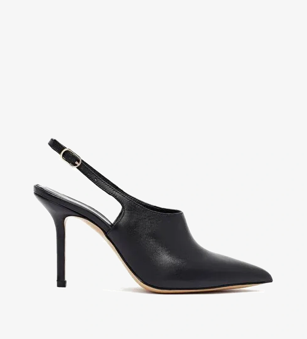 Kadın Siyah Tokalı Arkası Açık Yüksek İnce Topuklu Deri Ayakkabı 25AFD121418 - Görsel 1