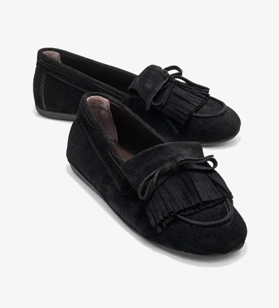 AXELI Siyah Süet Hakiki Deri Fiyonklu Saçaklı Kadın Loafer Ayakkabı - Görsel 1