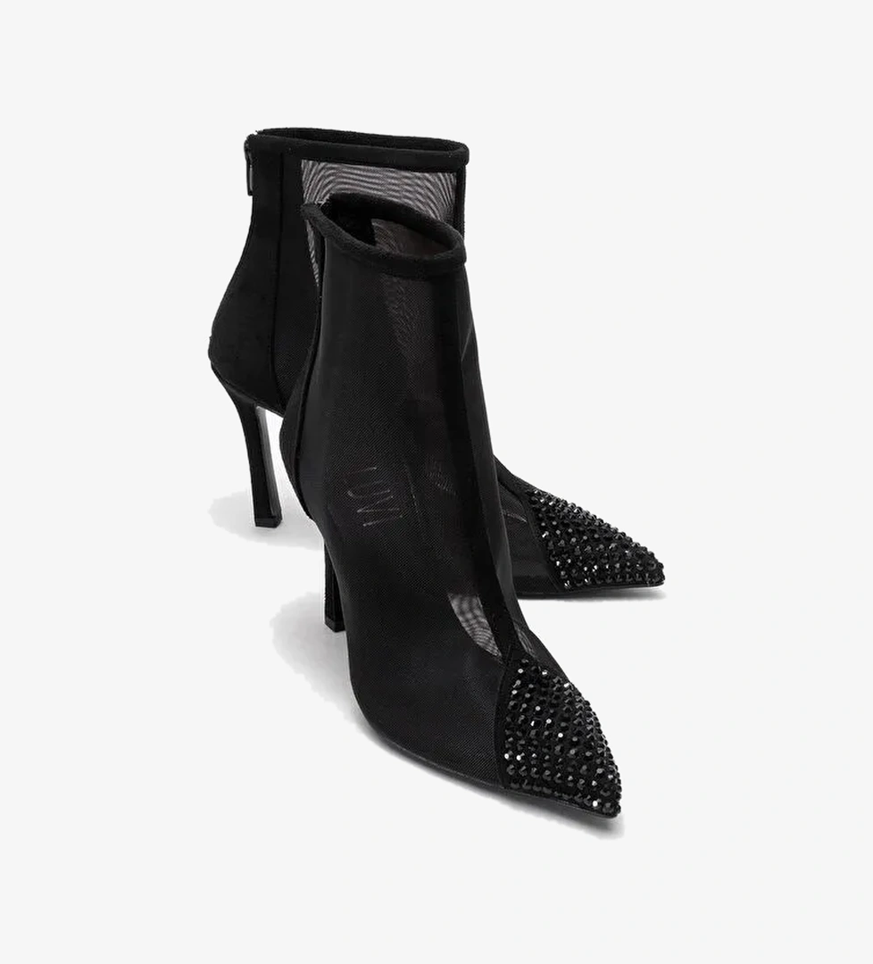 SAMUEL Siyah Süet Transparan Fileli Taşlı Arkadan Fermuarlı Kadın Topuklu Bot - Görsel 1