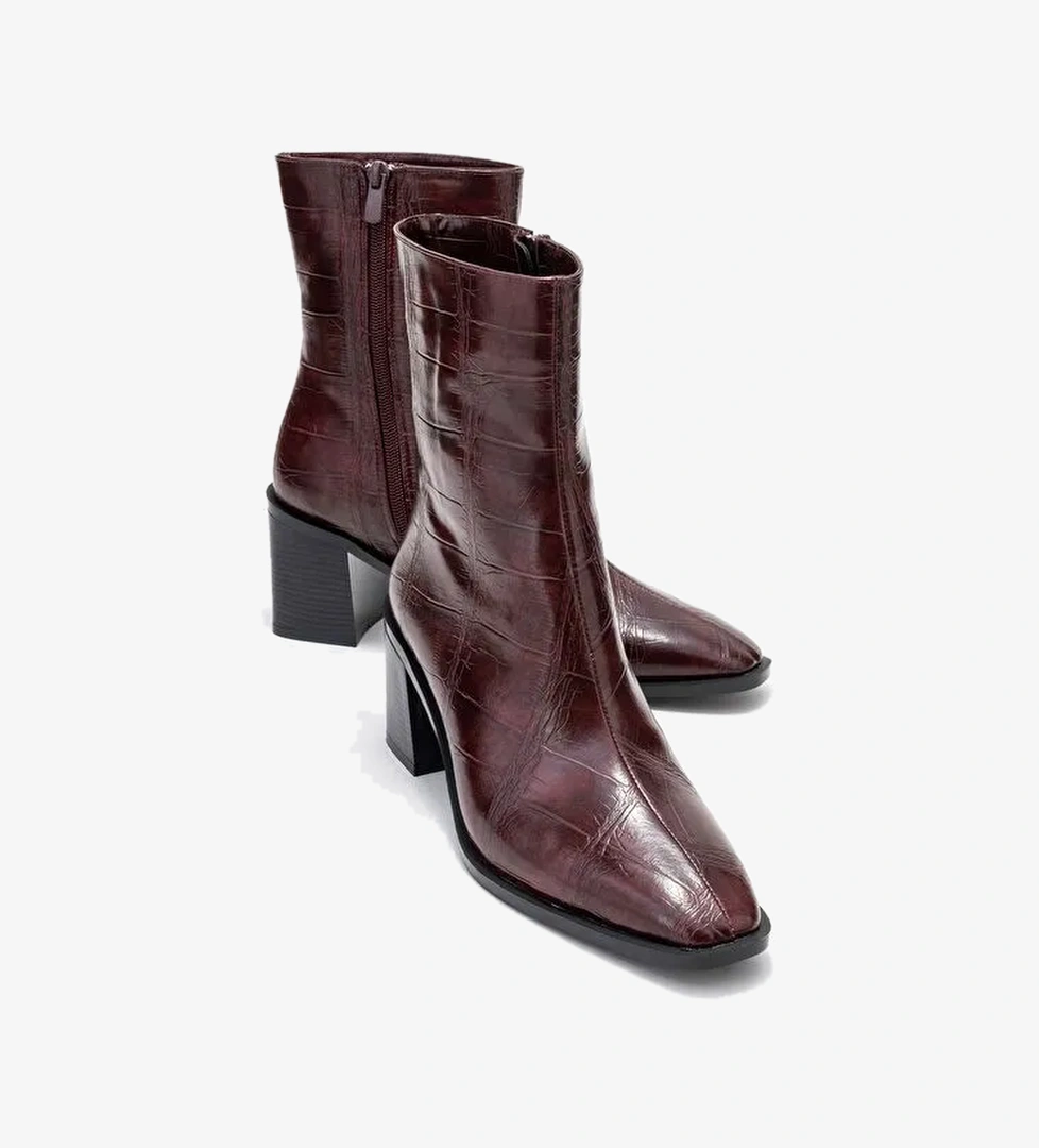 CHARA Bordo Baskı Kadın Kalın Topuklu Bot - Görsel 1