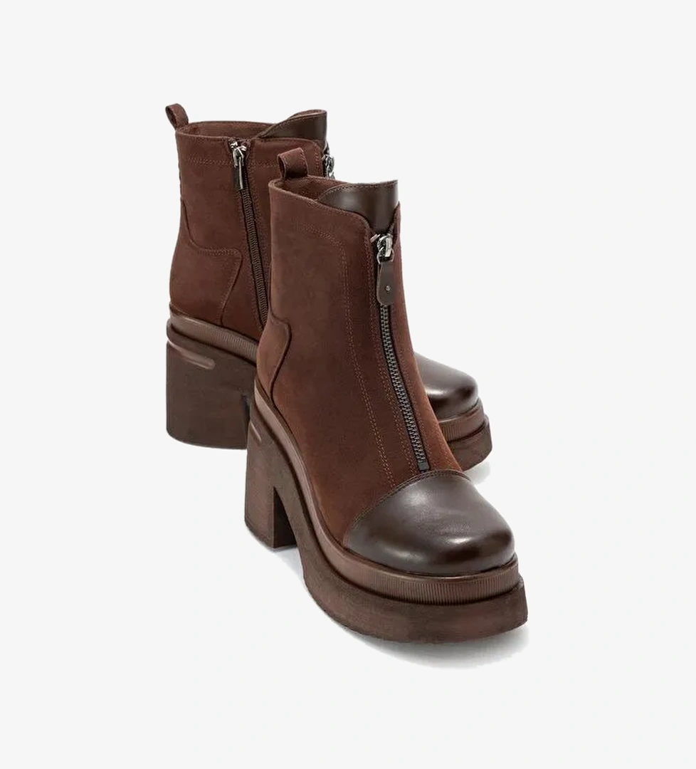 ANETT Kahverengi Cilt-Süet Fermuarlı Kadın Platform Topuklu Bot - Görsel 1
