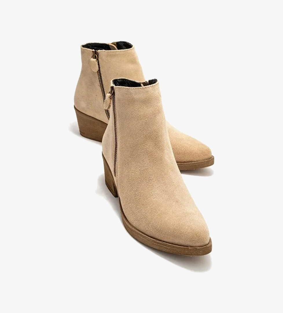 JAYER Bej Süet Hakiki Deri Fermuarlı Kadın Topuklu Bot - Görsel 1