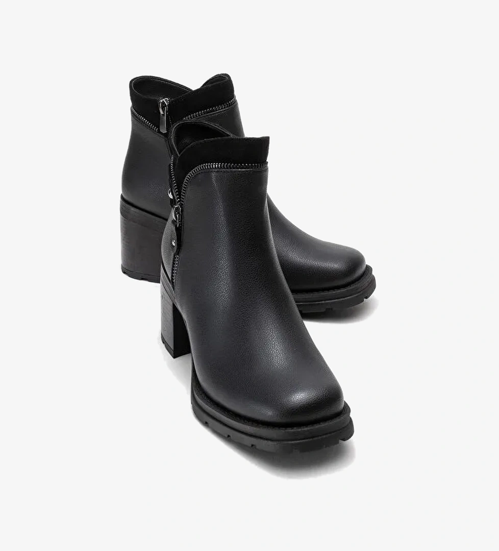 PARLY Siyah Cilt Fermuar Detaylı Kadın Kalın Topuklu Bot - Görsel 1