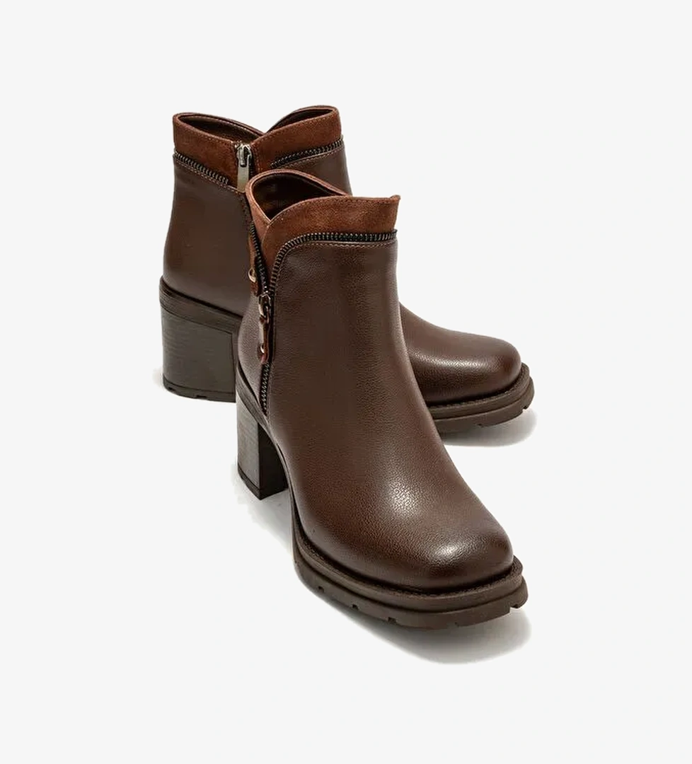 PARLY Kahverengi Cilt Fermuar Detaylı Kadın Kalın Topuklu Bot - Görsel 1