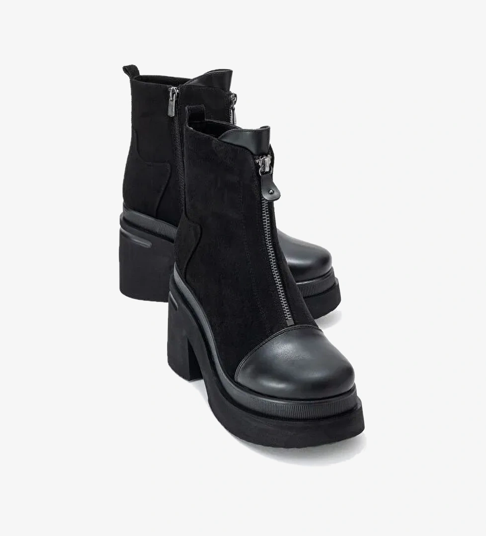 ANETT Siyah Cilt-Süet Fermuarlı Kadın Platform Topuklu Bot