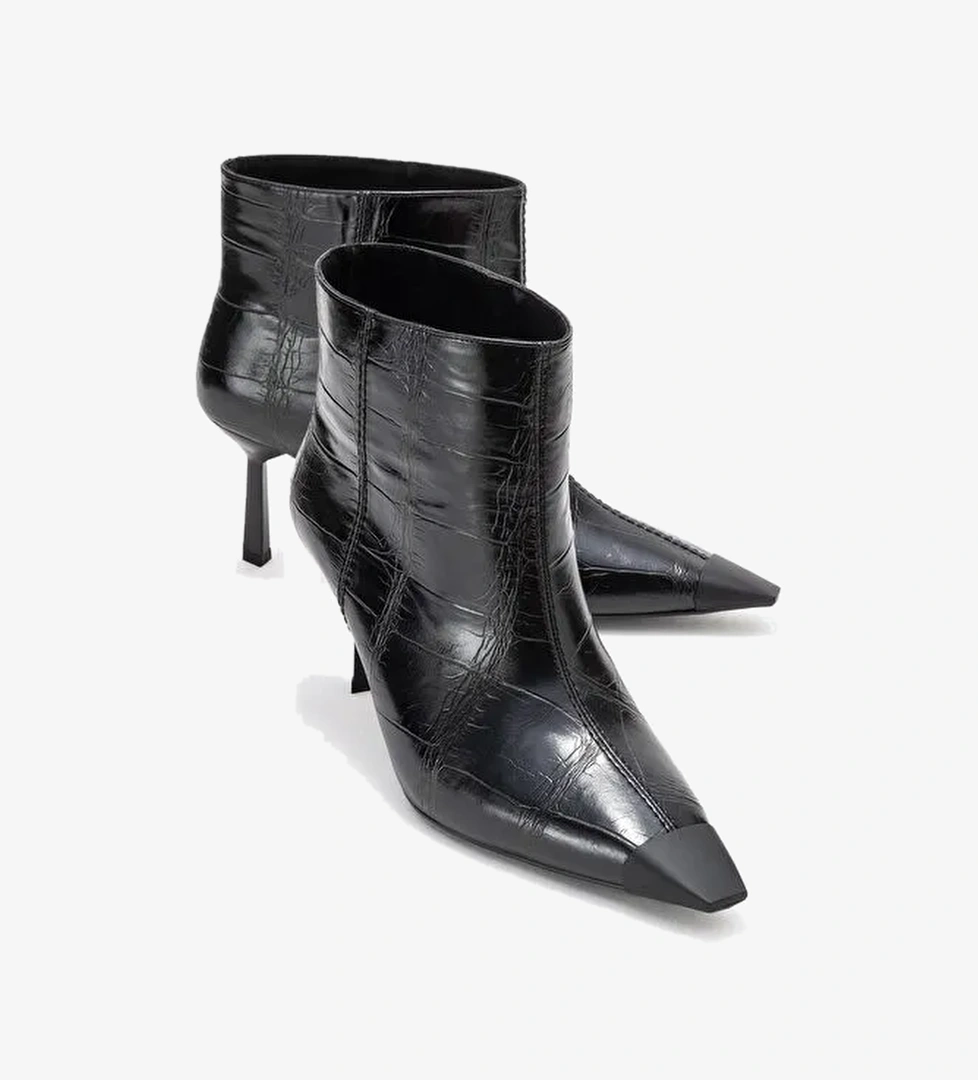 RASSEL Siyah Baskı Mat Burunlu Kadın İnce Topuklu Bot - Görsel 1