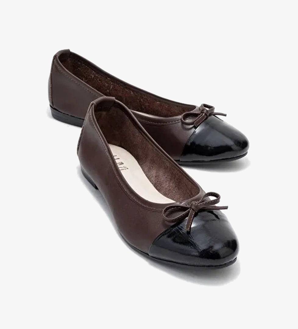 JENS Kahverengi-Siyah Rugan Hakiki Deri Fiyonklu Kadın Babet Ayakkabı - Görsel 1