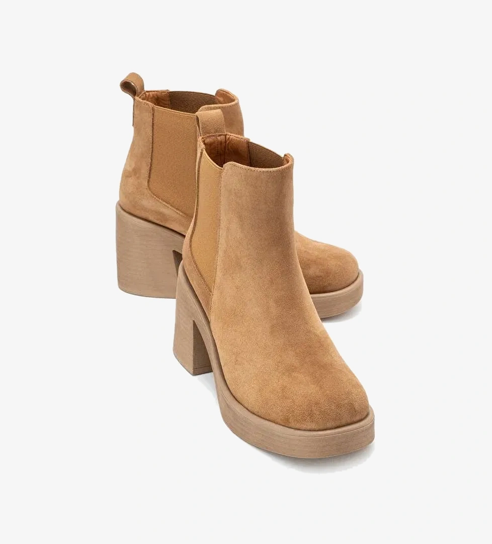 LYSA Taba Süet Lastikli Hakiki Deri Kadın Platform Topuklu Bot - Görsel 1