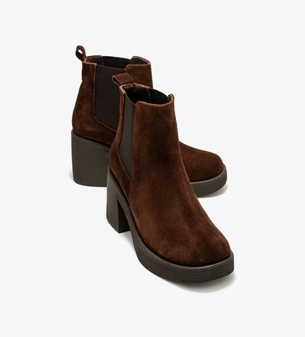 LYSA Kahverengi Süet Lastikli Hakiki Deri Kadın Platform Topuklu Bot - Görsel 1