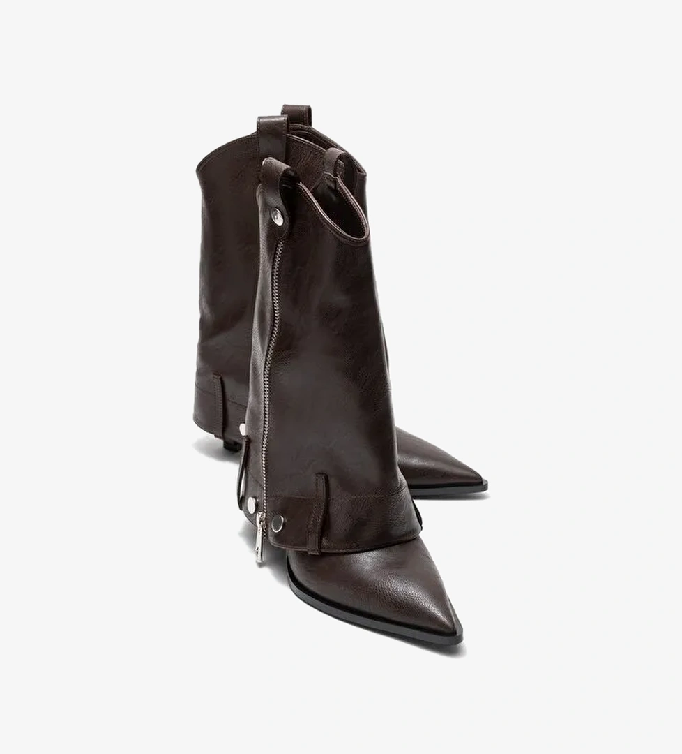 LOLA Kahverengi Fermuarlı Sivri Burunlu Kadın Topuklu Bot - Görsel 1