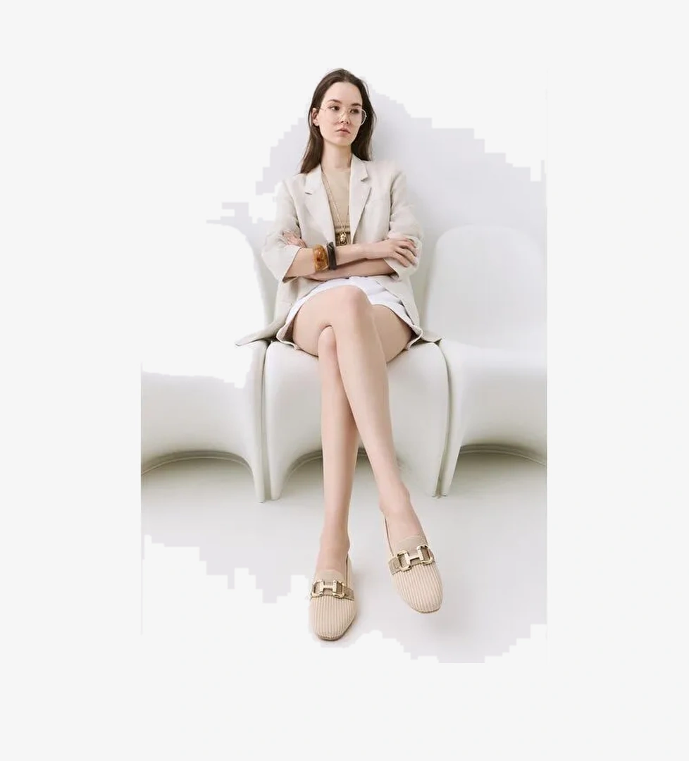 Kadın Bej Örgü Detaylı Tokalı Günlük Loafer - Görsel 1