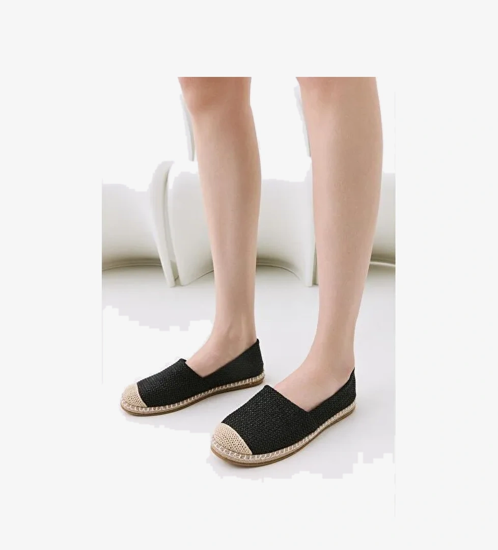 Kadın Siyah Çizgili Hasır Detaylı Espadril - Görsel 1