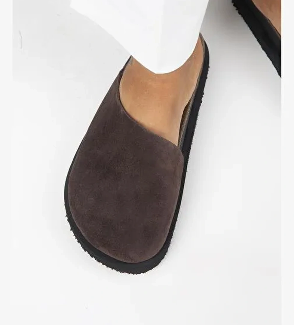 Manijero Ateshi Kadın Deri Hakiki Deri Düz Sabo Kahve Terlik - Görsel 1