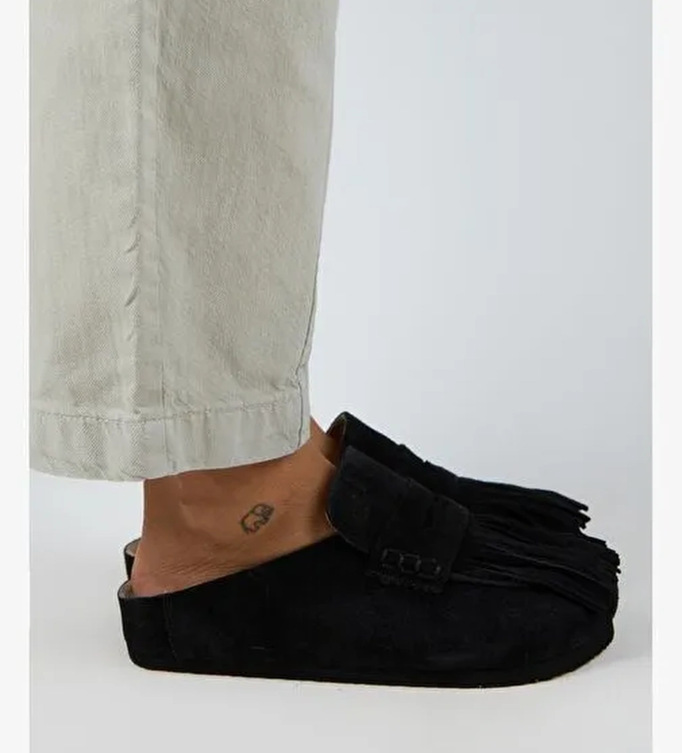 Manijero Madora Kadın Hakiki Deri Püsküllü Sabo Siyah Terlik - Görsel 1