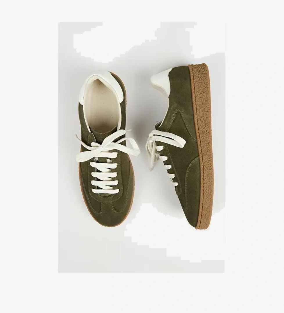 Krahe Palminteri 2 Erkek Hakiki Deri Bağcıklı Haki-Ekru Sneakers - Görsel 1