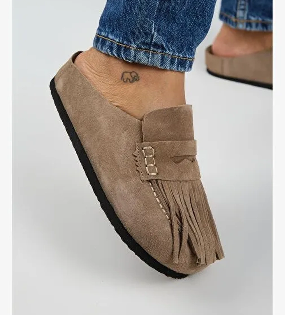 Manijero Madora Kadın Hakiki Deri Püsküllü Sabo Vizon Terlik - Görsel 1