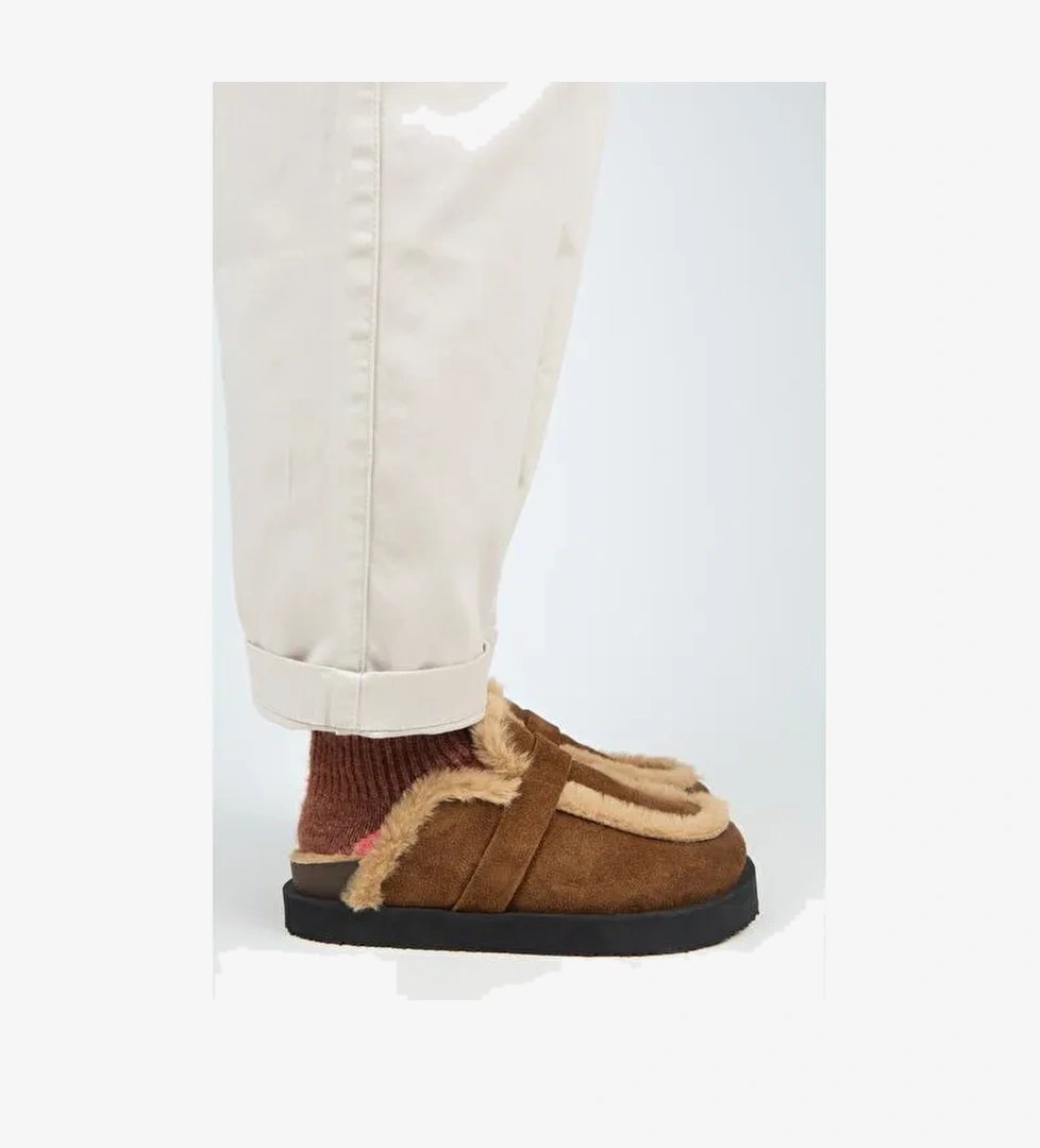 Manijero (Ecemi Platform) Kadın Hakiki Deri Kürklü Loafer Platform Taba Terlik - Görsel 1