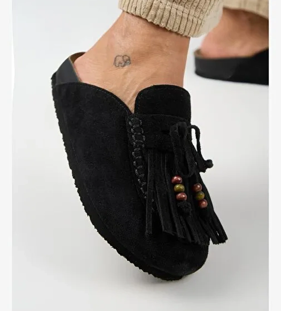 Manijero Malinda Kadın Hakiki Deri Püsküllü Boncuk Detaylı Sabo Siyah Terlik