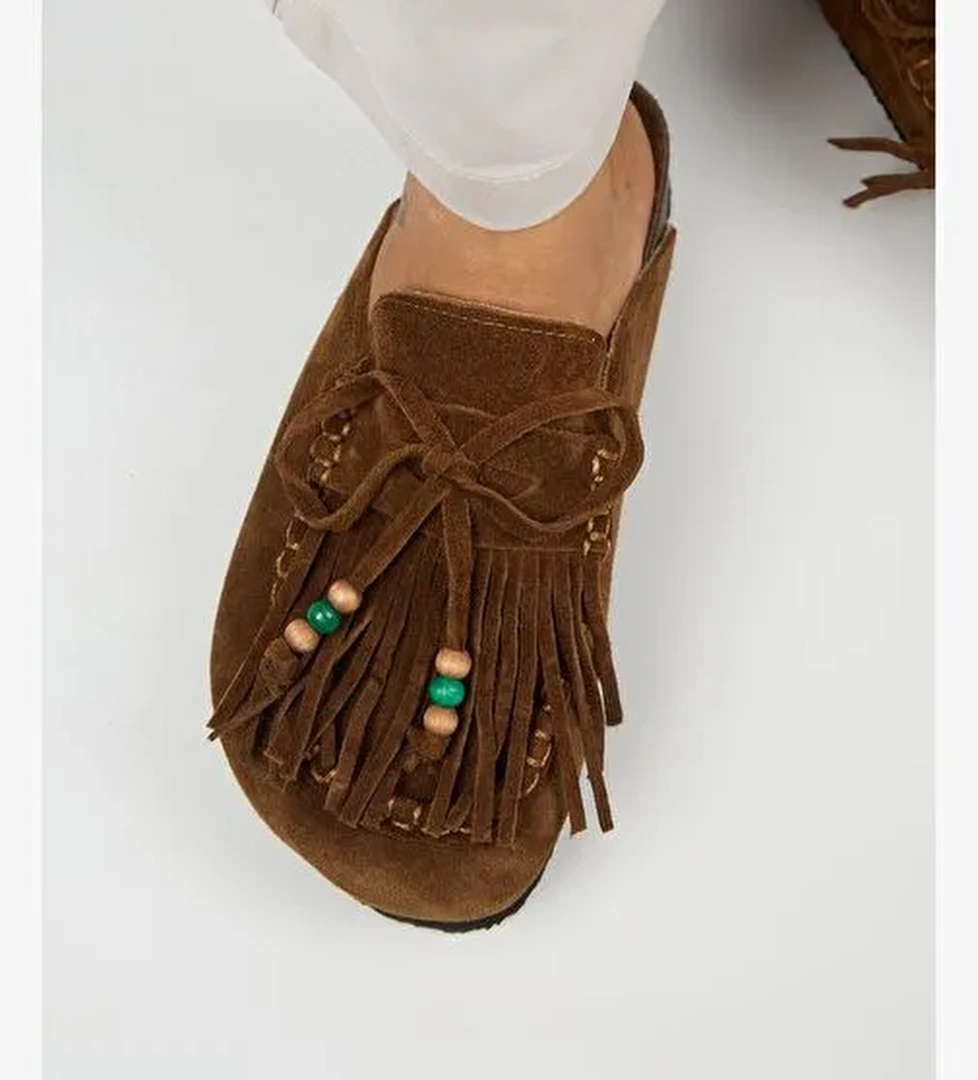 Manijero Malinda Kadın Hakiki Deri Püsküllü Boncuk Detaylı Sabo Taba Terlik - Görsel 1