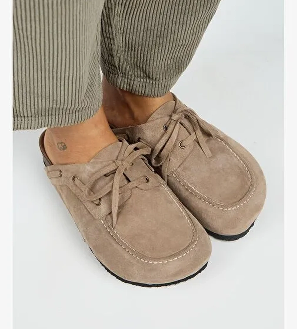 Manijero Karis Kadın Hakiki Deri Bağcıklı Sabo Vizon Terlik - Görsel 1