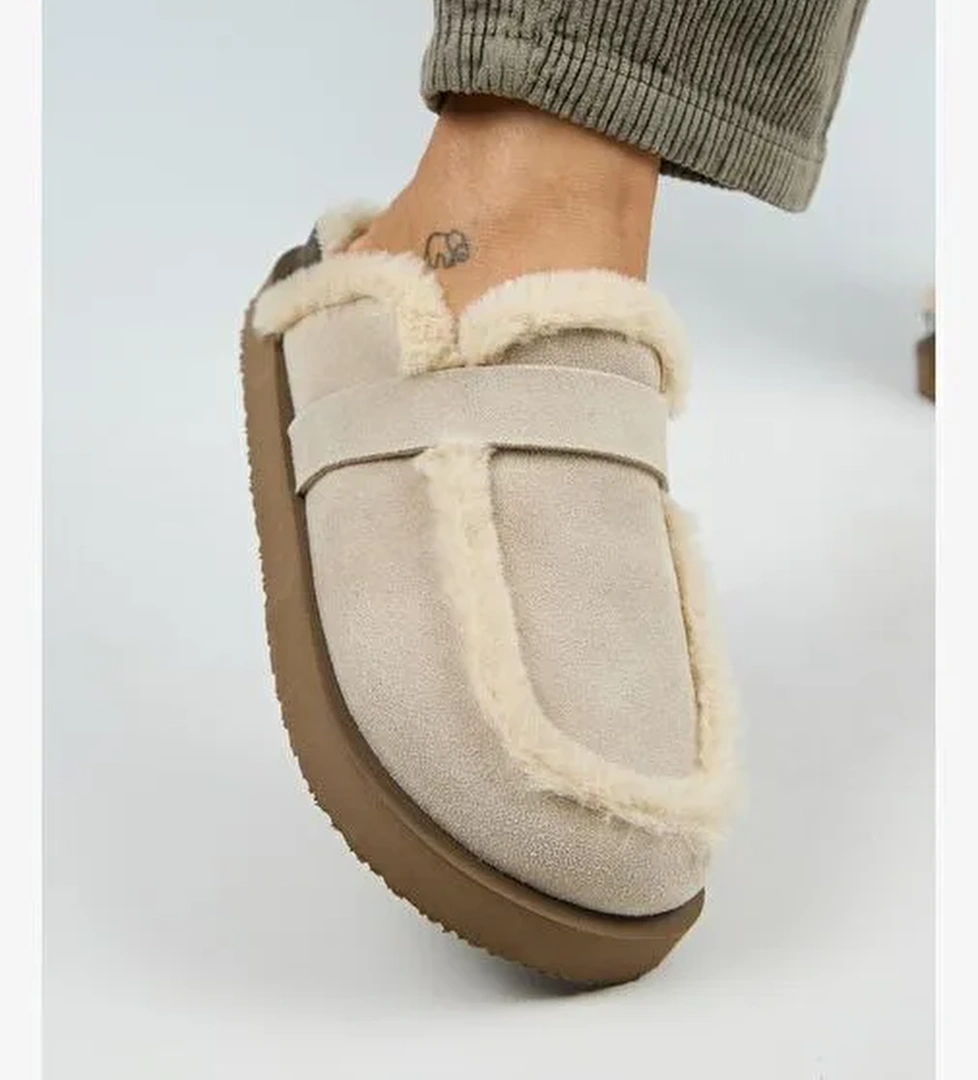 Manijero (Ecemi Platform) Kadın Hakiki Deri Kürklü Loafer Platform Bej Terlik - Görsel 1