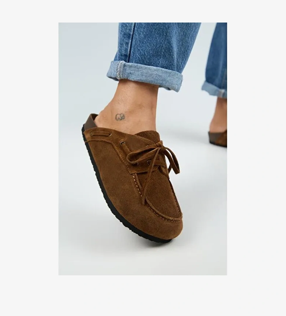 Manijero Karis Kadın Hakiki Deri Bağcıklı Sabo Taba Terlik - Görsel 1