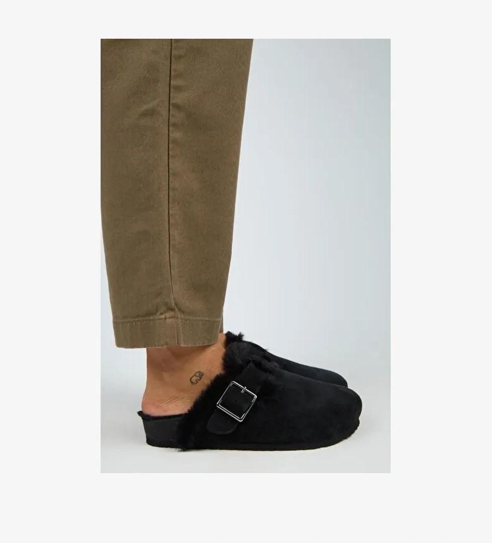 Manijero (Zeta 2 Kürklü ) Kadın Hakiki Deri Kemerli Tokalı Sabo Siyah Terlik - Görsel 1