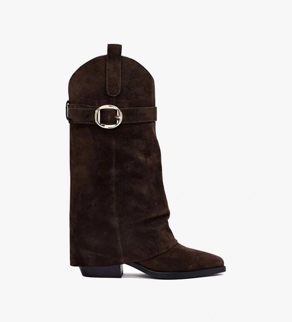 Kadın Kahverengi Kalın Topuklu Süet Deri Çizme 25AFD490610 - Görsel 1