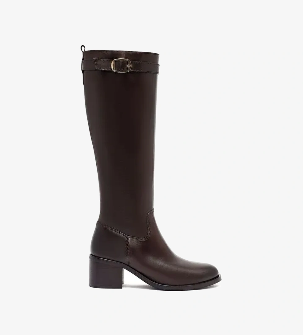 Kadın Kahverengi Fermuarlı Kalın Topuklu Deri Çizme 25WFD282018 - Görsel 1