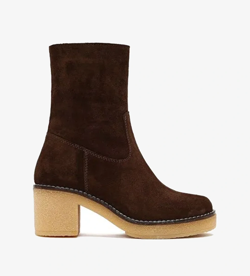 Kadın Kahverengi Fermuarlı Kalın Topuklu Süet Deri Bot 25WFD151310 - Görsel 1