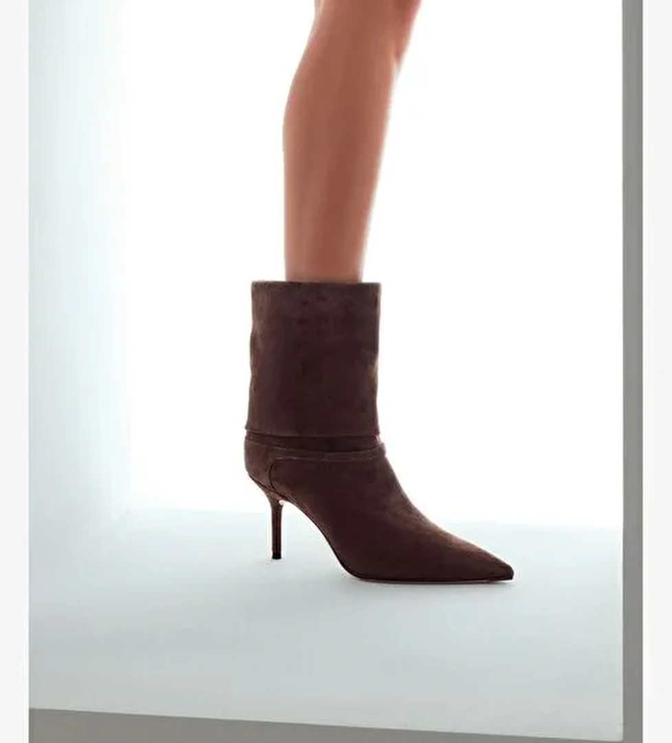 Kadın Kahverengi İnce Topuklu Süet Deri Bot 25AFD490310 - Görsel 1