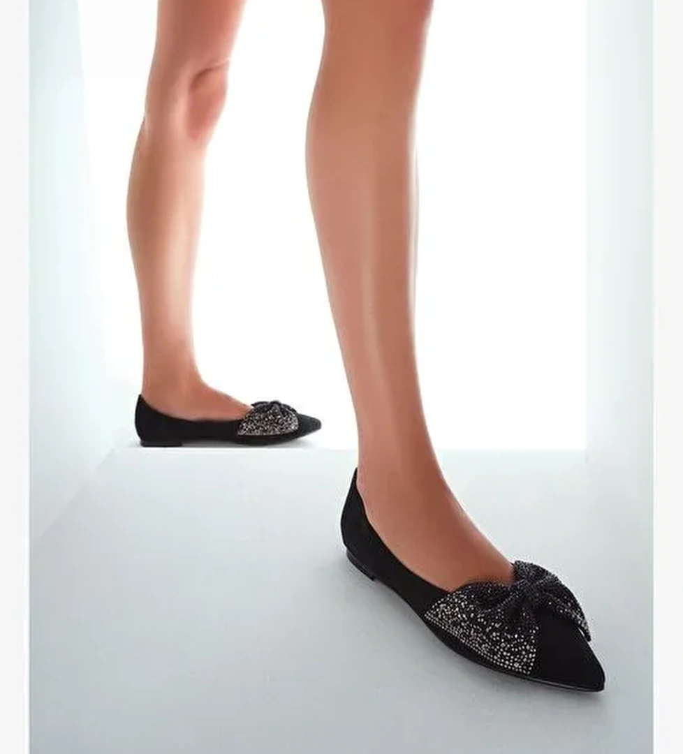 Kadın Siyah Taşlı Süet Deri Babet 25WFD490710 - Görsel 1