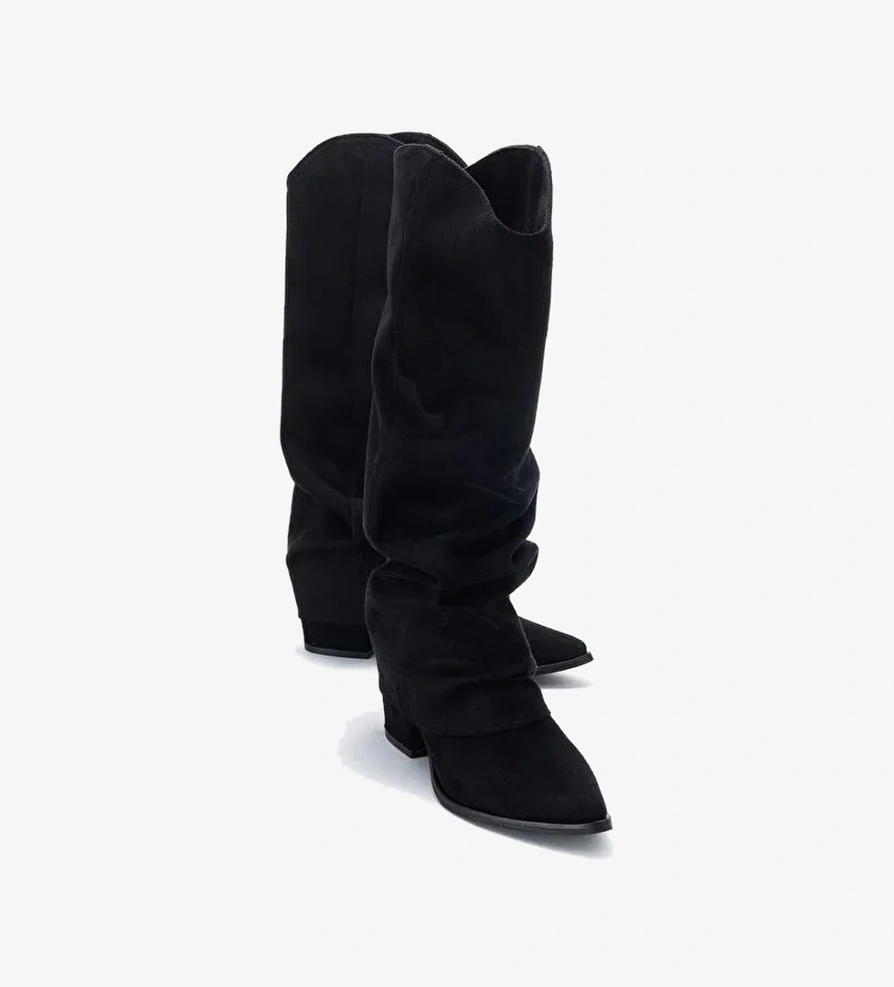 ELARIS Siyah Süet Körüklü Kadın Kalın Topuklu Çizme - Görsel 1