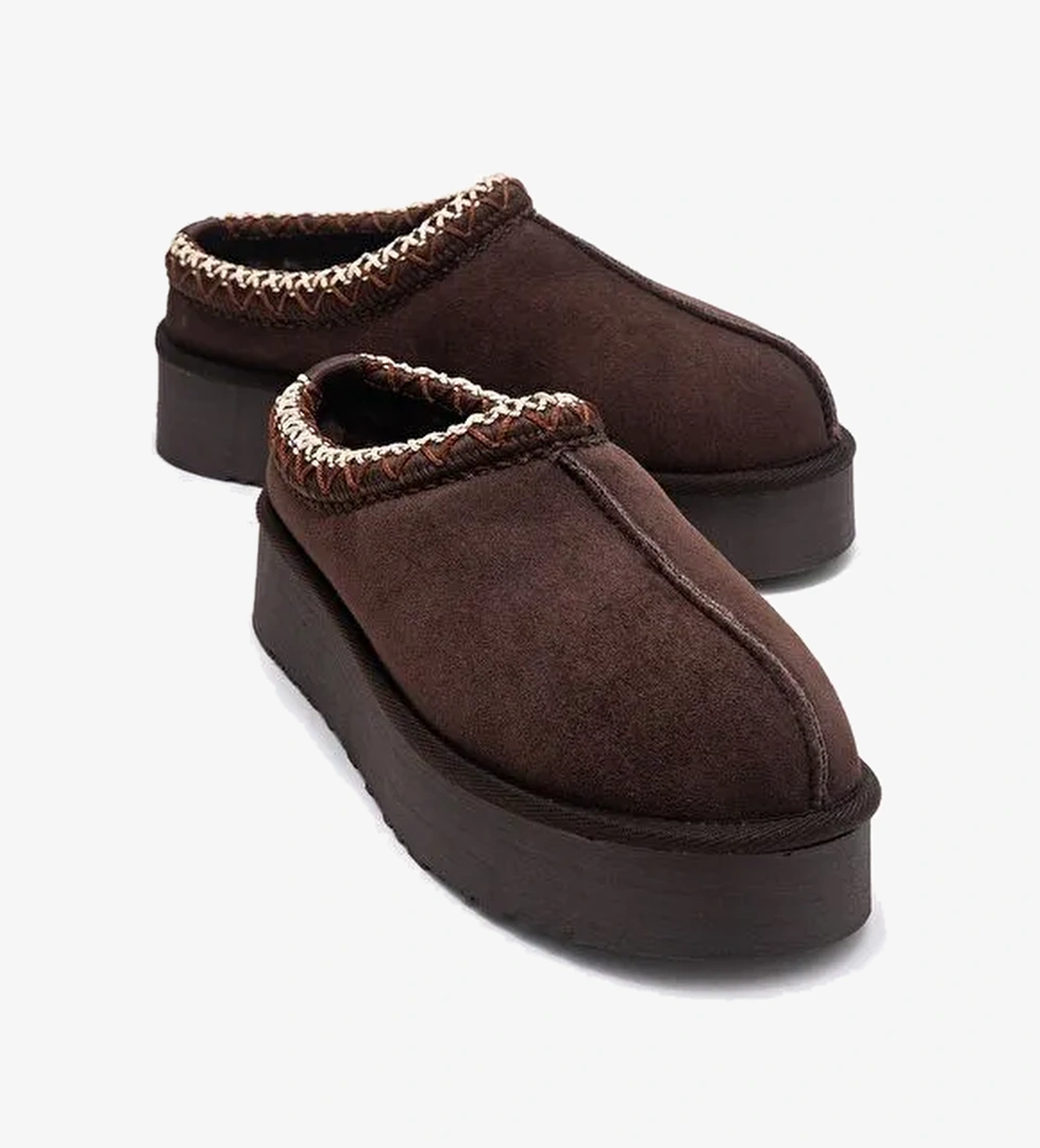 AVELIA Kahverengi Süet Hakiki Deri Dikişli Kadın Kalın Tabanlı Kışlık Terlik - Görsel 1