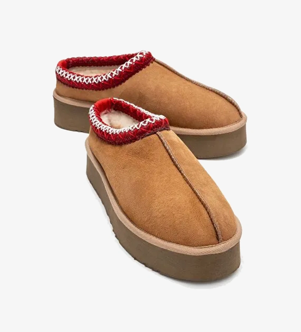 AVELIA Taba Süet Hakiki Deri Dikişli Kadın Kalın Tabanlı Kışlık Terlik - Görsel 1