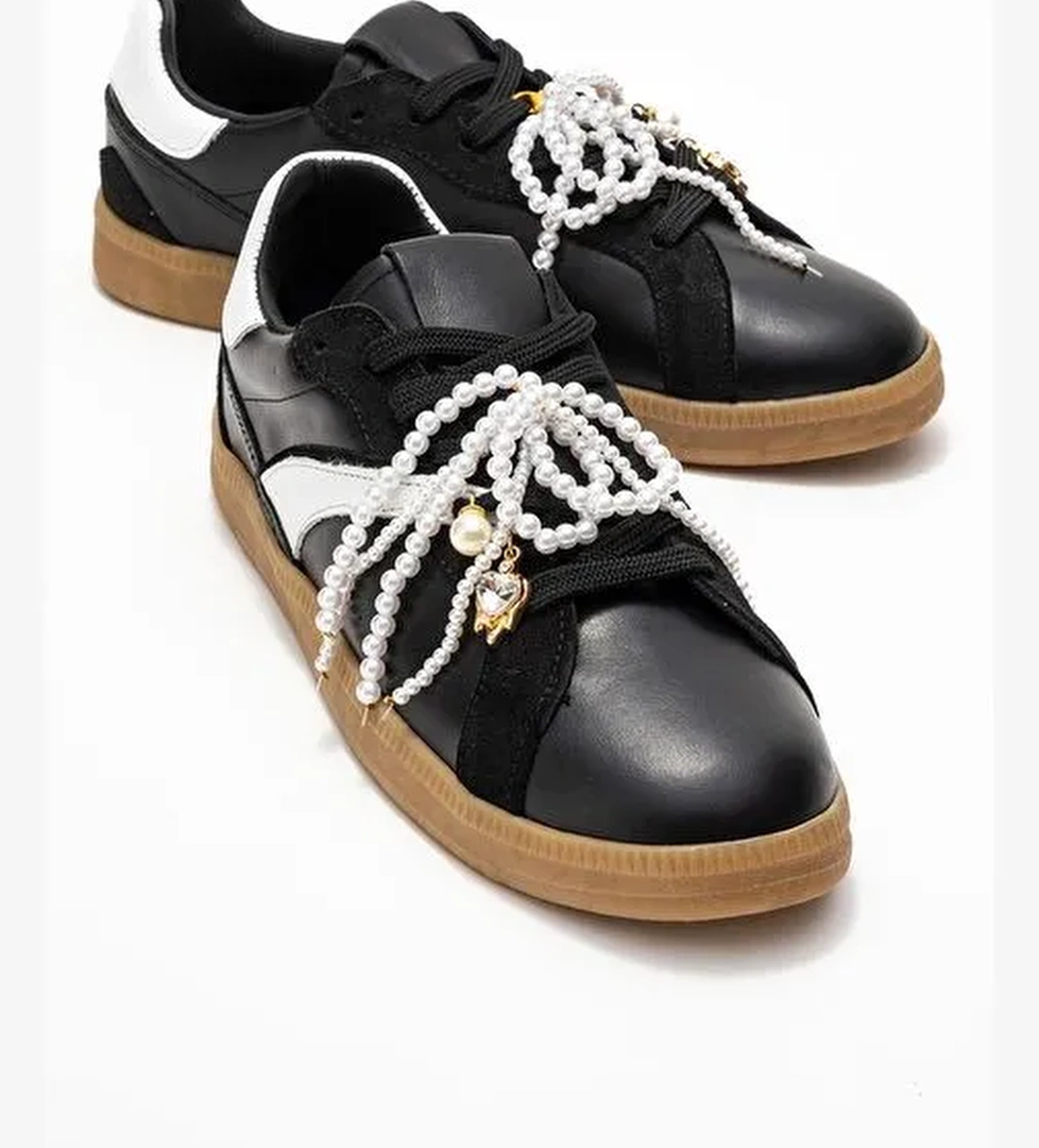 TAREN Siyah Hakiki Deri İnci Tokalı Kadın Günlük Spor Ayakkabı - Görsel 1