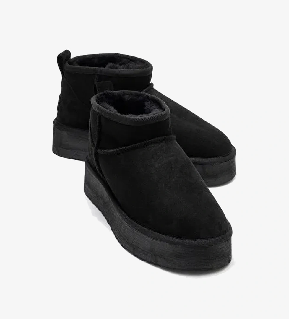 VEYRA Siyah Süet Hakiki Deri Kürklü Platform Tabanlı Kadın Mini Bot - Görsel 1