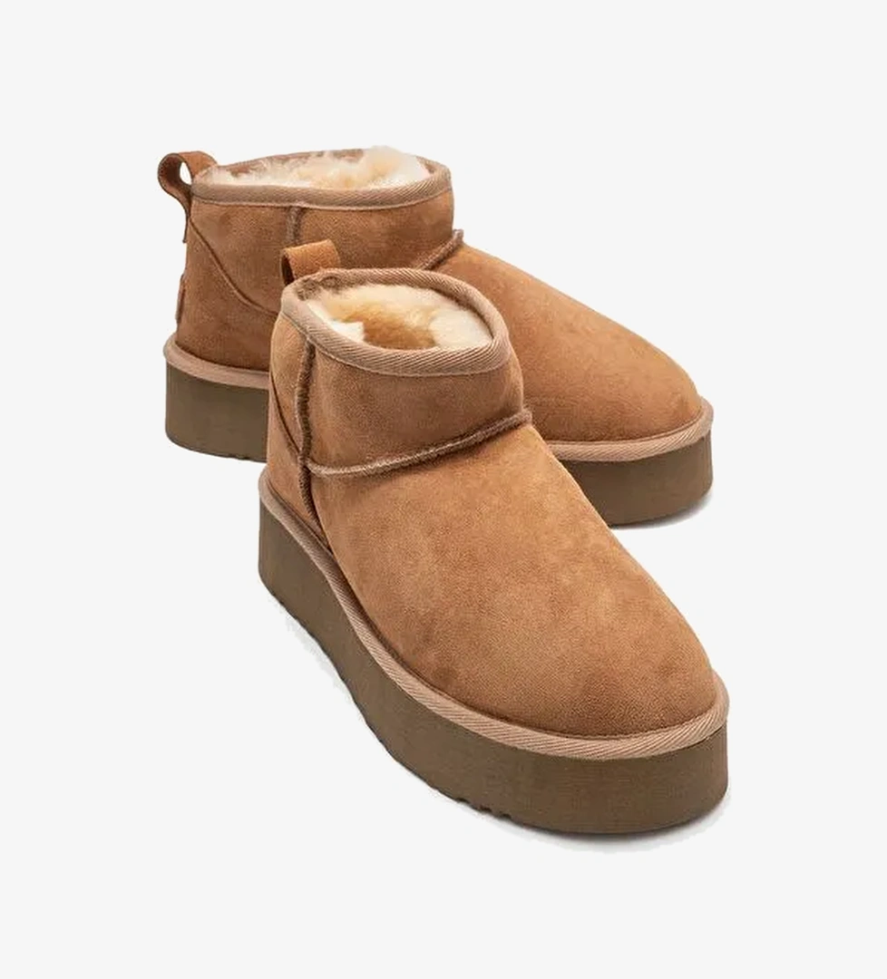 VEYRA Taba Süet Hakiki Deri Kürklü Platform Tabanlı Kadın Mini Bot - Görsel 1