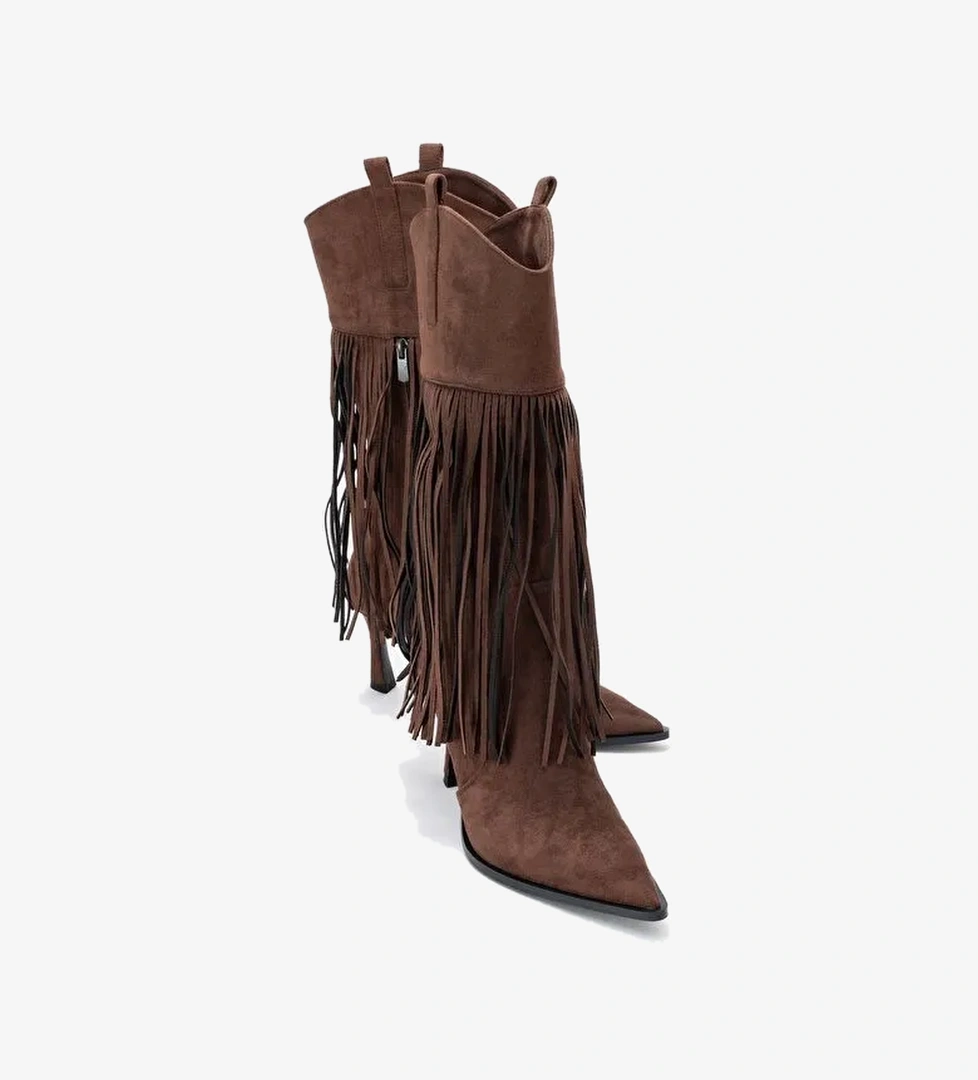 GUERAS Kahverengi Süet Püsküllü Sivri Burun Kadın Topuklu Çizme - Görsel 1