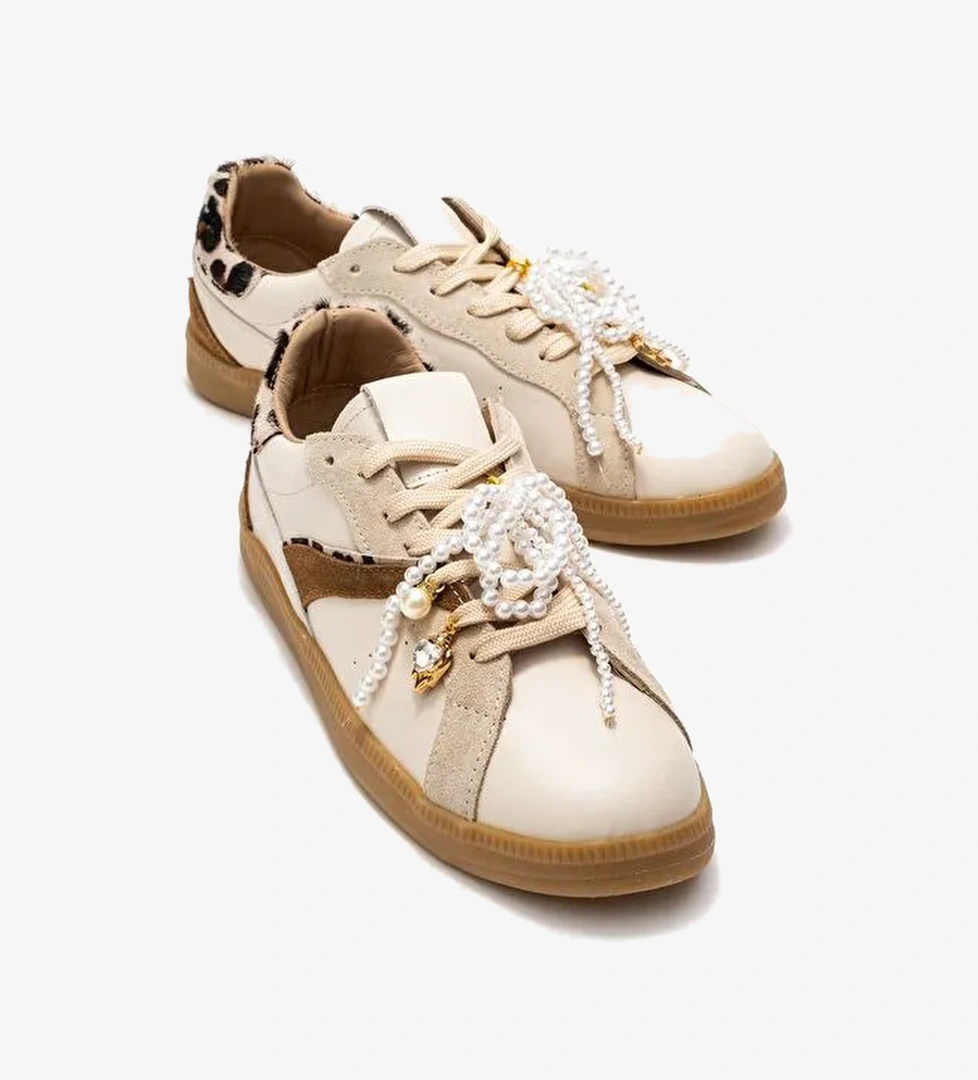 TAREN Bej Hakiki Deri İnci Tokalı Kadın Günlük Spor Ayakkabı - Görsel 1