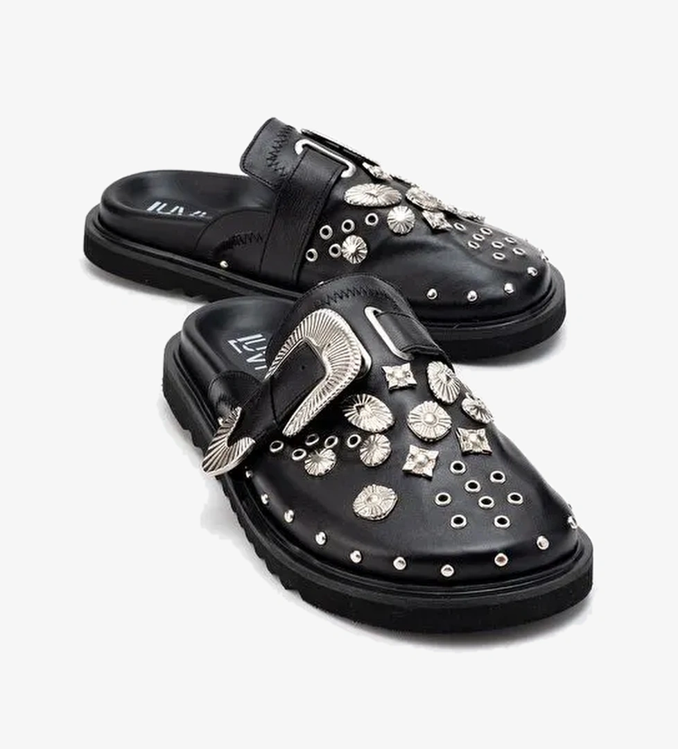 MARİL Siyah Cilt Hakiki Deri Kemerli Tokalı Burnu Kapalı Kadın Terlik - Görsel 1