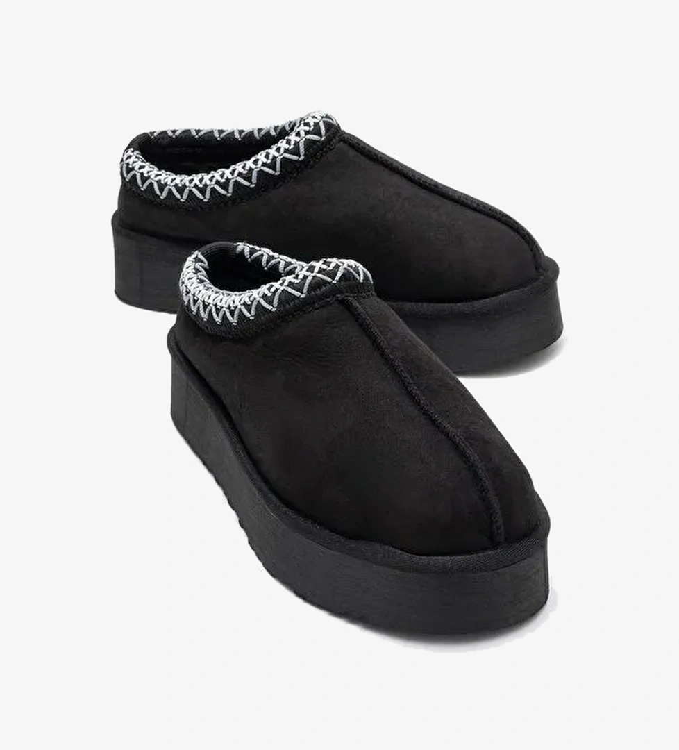 AVELIA Siyah Süet Hakiki Deri Dikişli Kadın Kalın Tabanlı Kışlık Terlik - Görsel 1