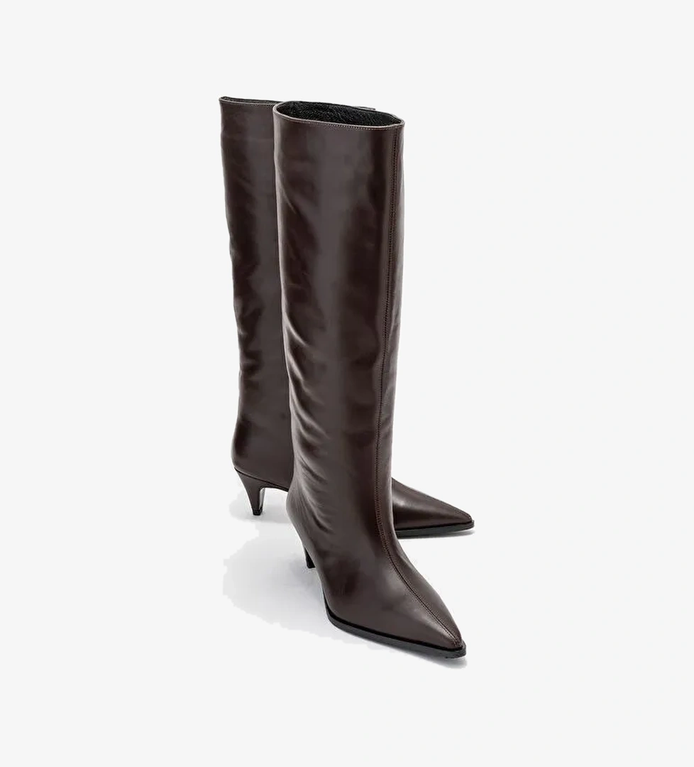 SIORA Kahverengi Cilt Hakiki Deri Kadın Kısa Topuklu Çizme - Görsel 1