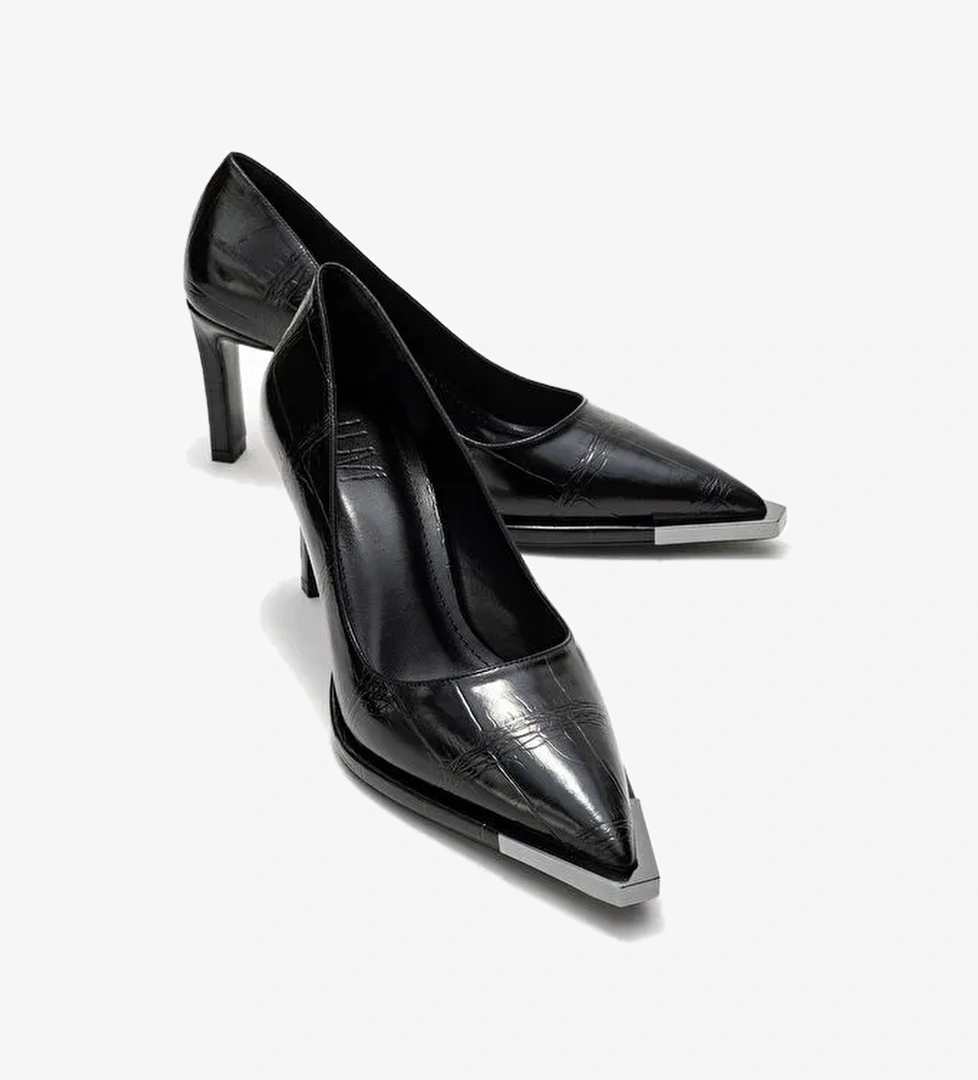 LIORA Siyah Baskı Platin Detaylı Kadın Blok Topuklu Topuklu Ayakkabı - Görsel 1