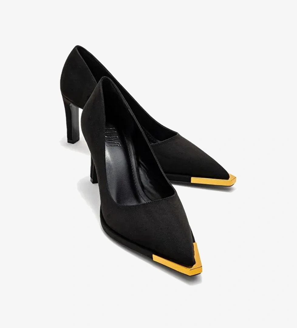 LIORA Siyah Süet Altın Detaylı Kadın Blok Topuklu Topuklu Ayakkabı - Görsel 1