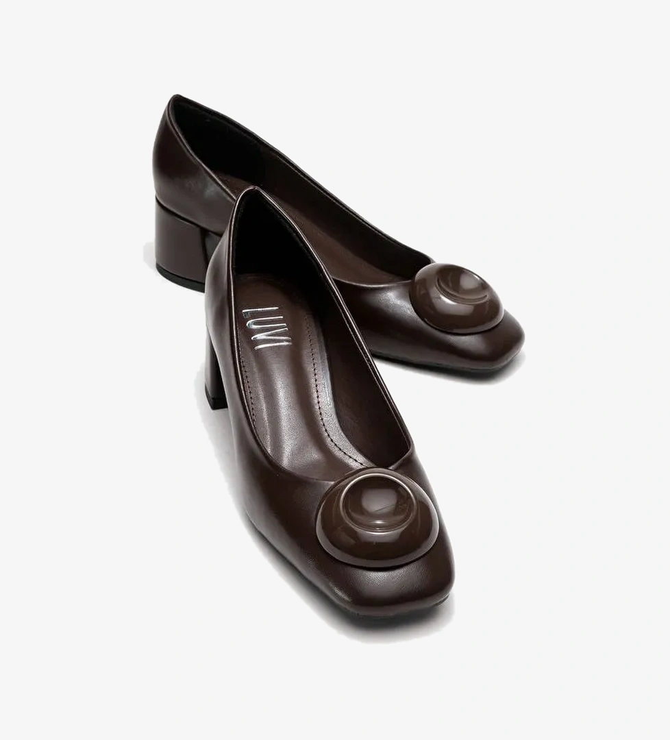 MILA Kahverengi Tokalı Kare Burunlu Kadın Kalın Topuklu Ayakkabı - Görsel 1