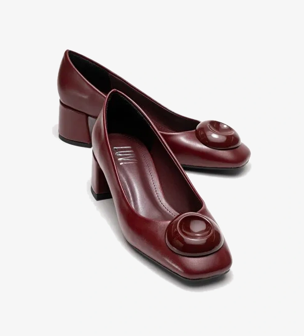 MILA Bordo Tokalı Kare Burunlu Kadın Kalın Topuklu Ayakkabı - Görsel 1