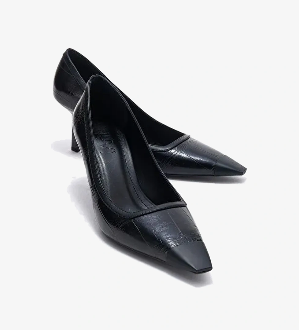 RONA Siyah Baskı Mat Burunlu Kadın Topuklu Ayakkabı - Görsel 1